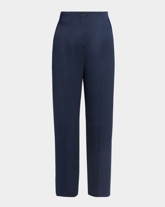 Embellished-Waist Satin Straight-Leg Ankle Trousers